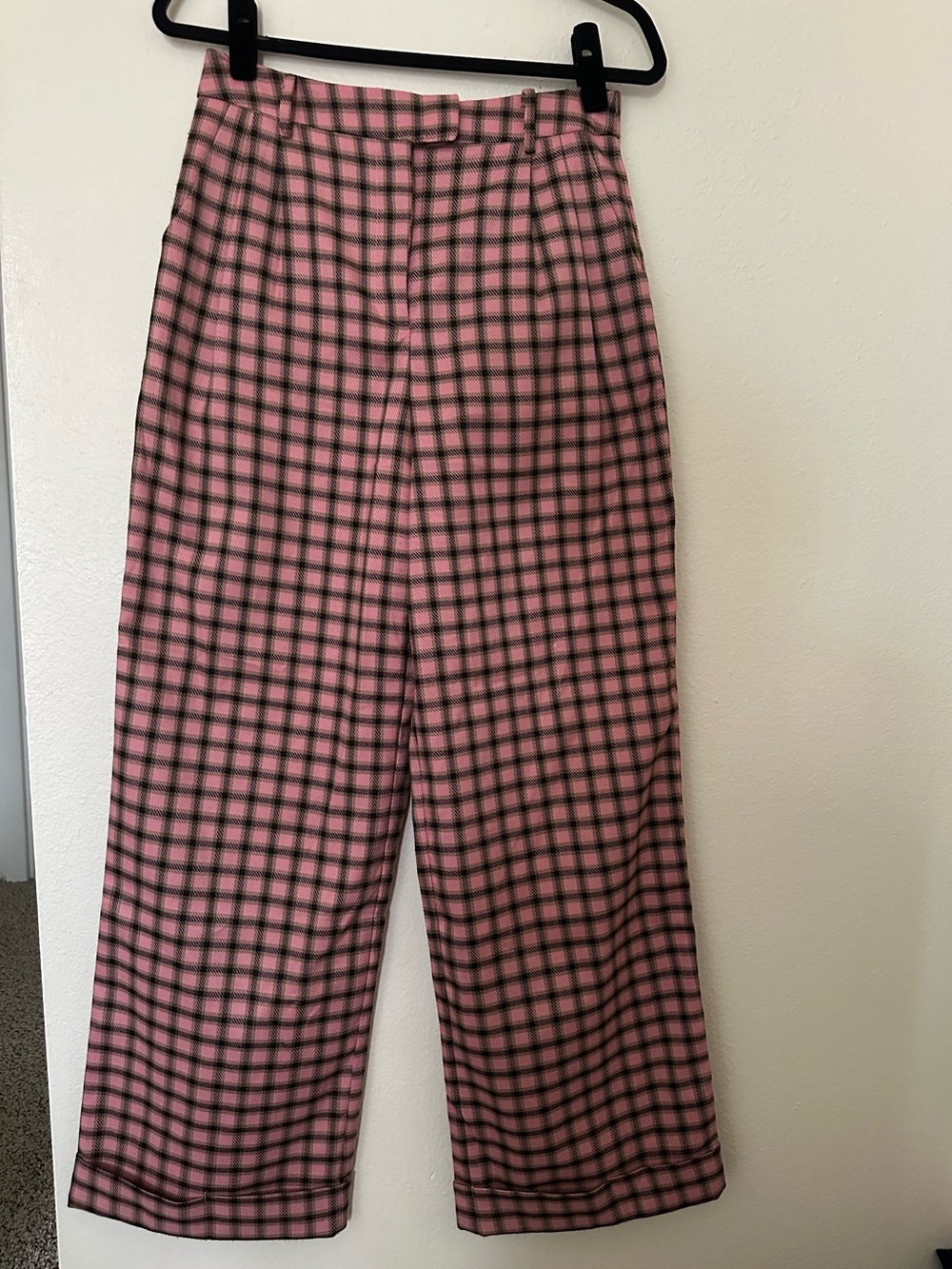 FRNCH Pink and Black Plaid Wide Leg Pants